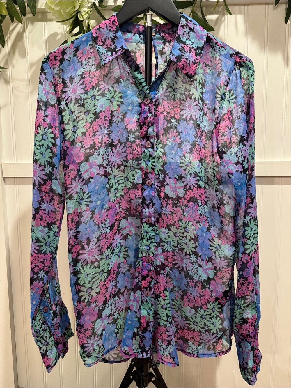 #739 FREE PEOPLE Floral Sheer Button-Down in Pink, Blue, Green, Purple PRETTY!